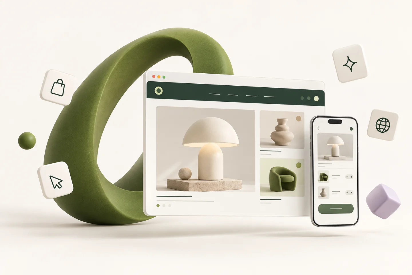 E-ticaret mağazası ve mobil ekranlarla Olive Teknoloji dijital deneyim illüstrasyonu